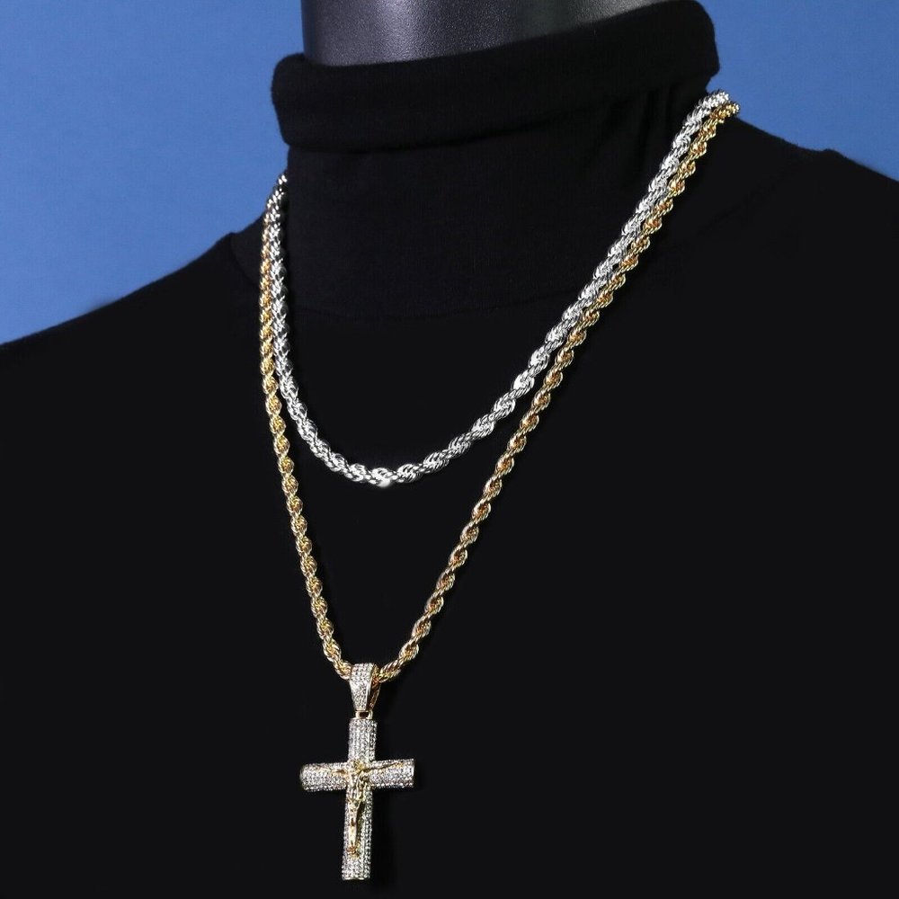 New 14k Iced Out Two-Tone Jesus Cross Necklace